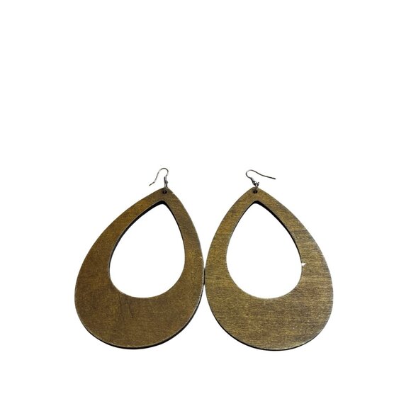 Large Statement Teardrop Wooden Dangle Earrings Brown Boho Festival Hippie 4.5" - Picture 2 of 3